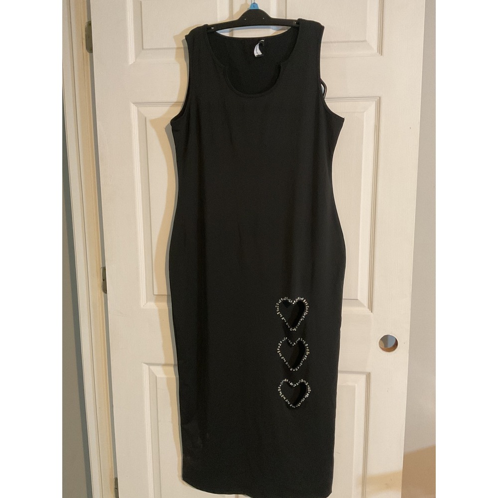 LovelyWholesale Black Heart Cutout Rhinestone Midi Dress Sleeveless Bodycon L